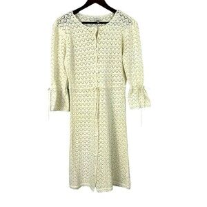 Tyler Boe Womens Sz L Button Up Dress Cream Crochet Knee Length Cover Up Boho T4